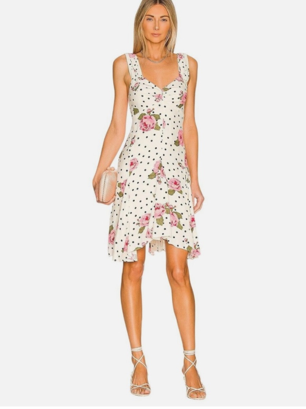 LPA Cream Floral & Black Polka Dot Midi Dress
